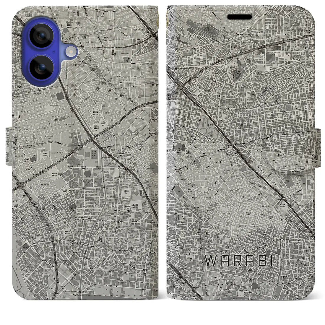 【蕨(埼玉県)】地図柄iPhoneケース(手帳タイプ)モノトーン・iPhone 16 Pro Max 用