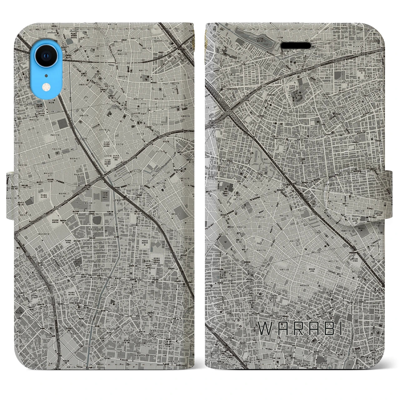 【蕨(埼玉県)】地図柄iPhoneケース(手帳タイプ)モノトーン・iPhone XR 用