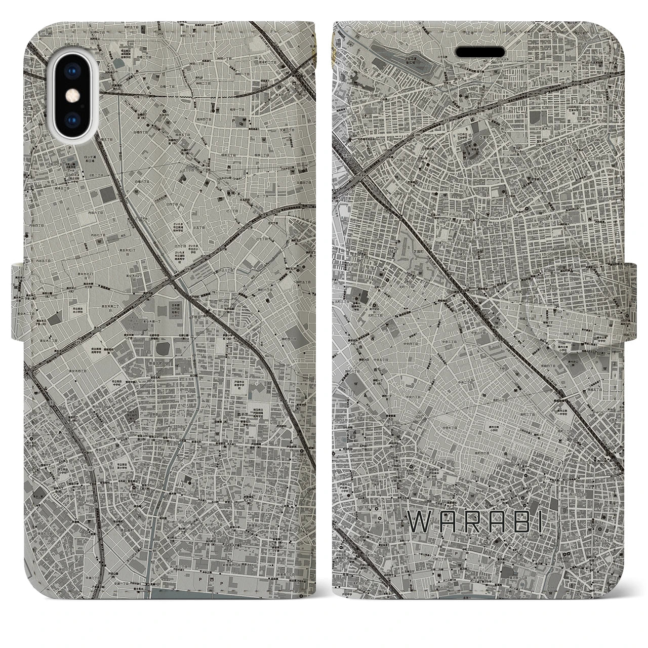 【蕨(埼玉県)】地図柄iPhoneケース(手帳タイプ)モノトーン・iPhone XS Max 用