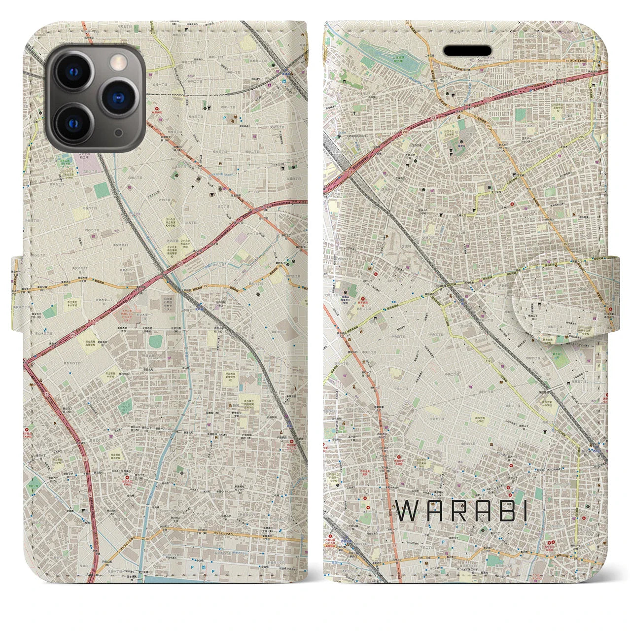【蕨(埼玉県)】地図柄iPhoneケース(手帳タイプ)ナチュラル・iPhone 11 Pro Max 用