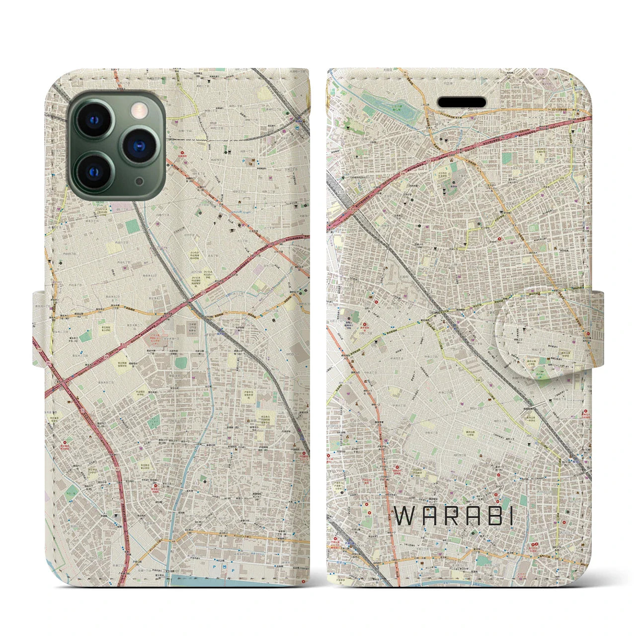 【蕨(埼玉県)】地図柄iPhoneケース(手帳タイプ)ナチュラル・iPhone 11 Pro 用