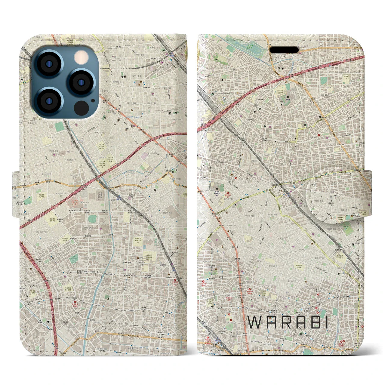 【蕨(埼玉県)】地図柄iPhoneケース(手帳タイプ)ナチュラル・iPhone 12 / 12 Pro 用