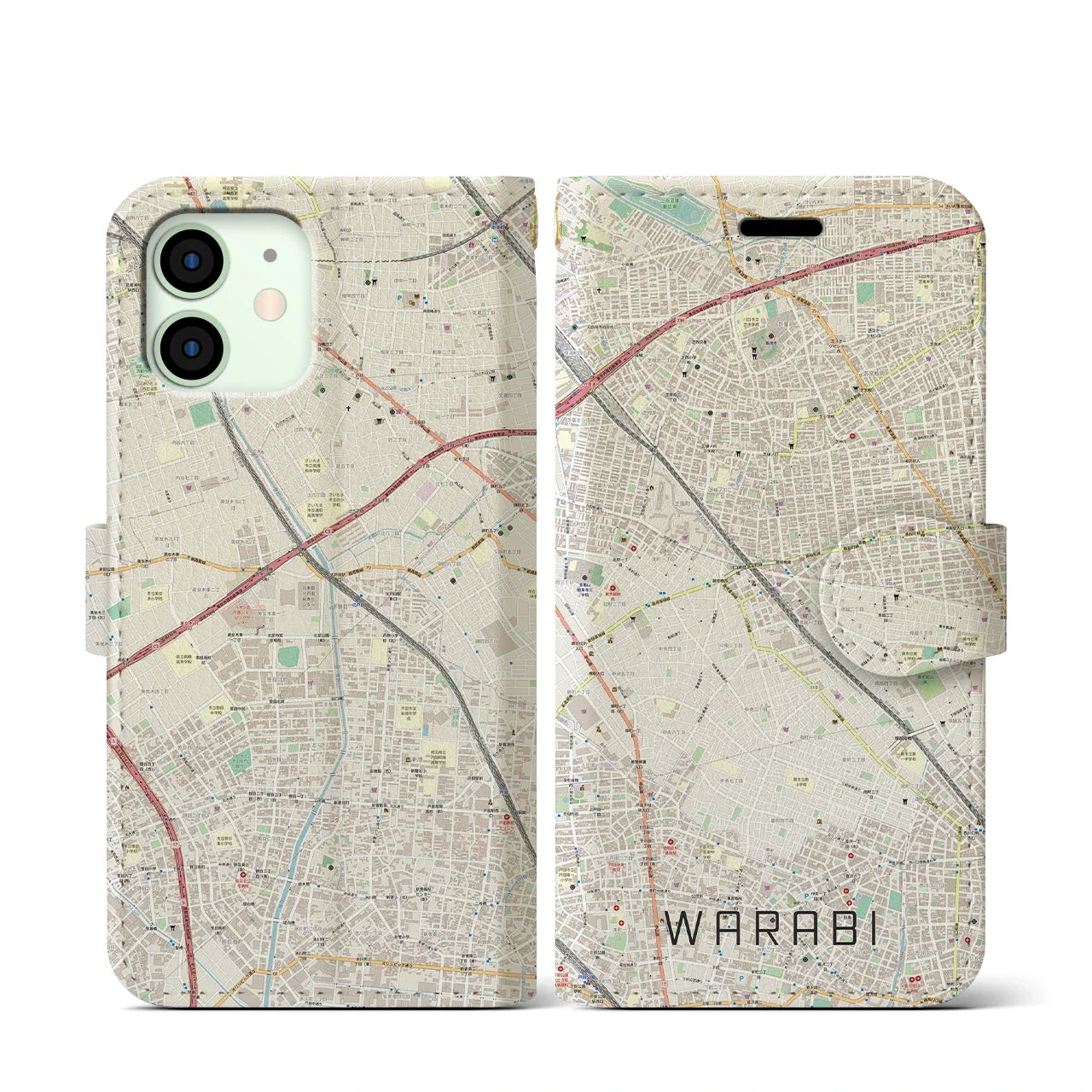 【蕨(埼玉県)】地図柄iPhoneケース(手帳タイプ)ナチュラル・iPhone 12 mini 用