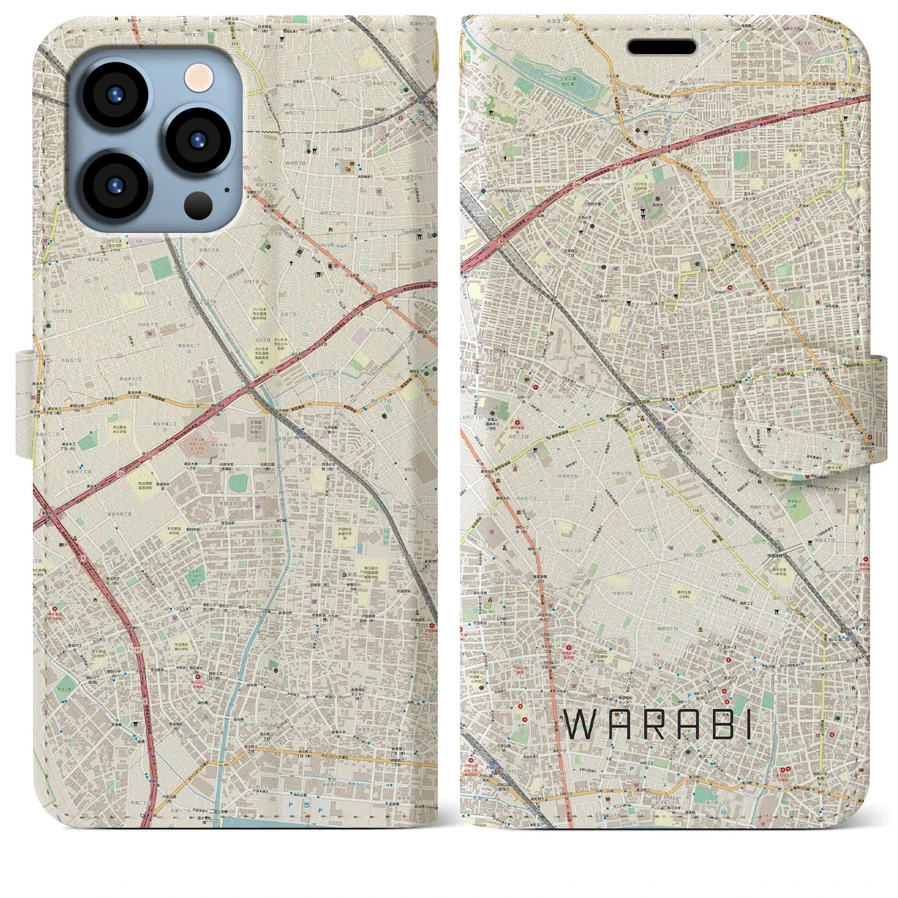【蕨(埼玉県)】地図柄iPhoneケース(手帳タイプ)ナチュラル・iPhone 13 Pro Max 用