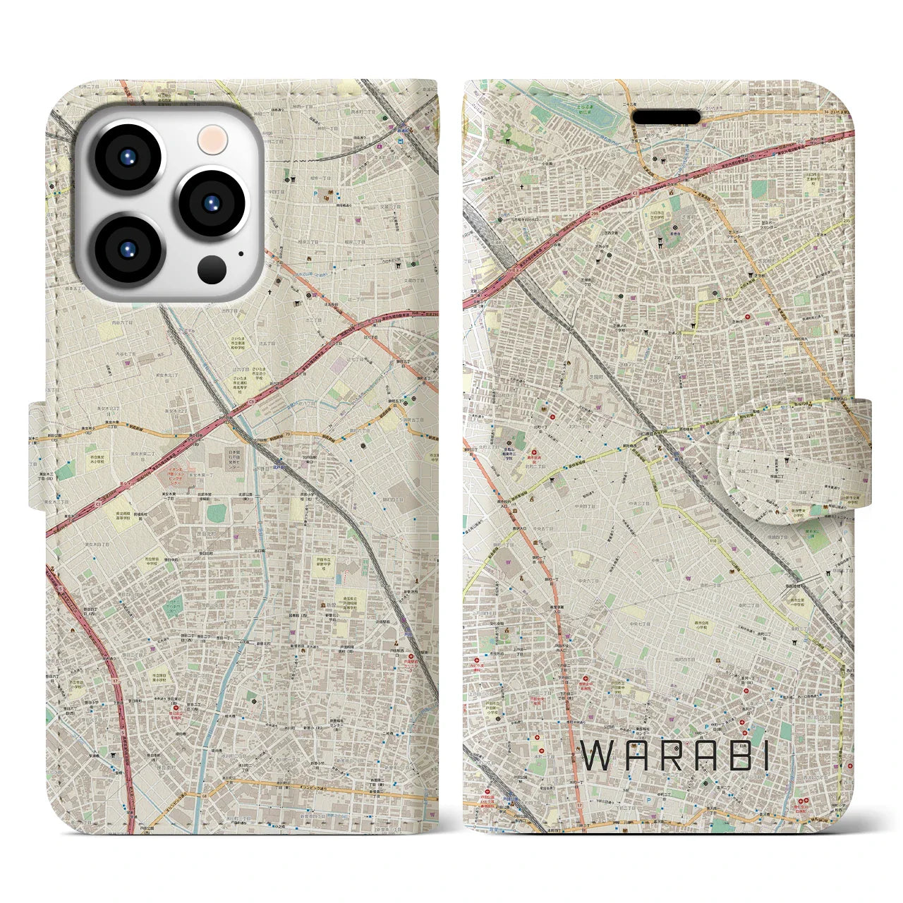 【蕨(埼玉県)】地図柄iPhoneケース(手帳タイプ)ナチュラル・iPhone 13 Pro 用