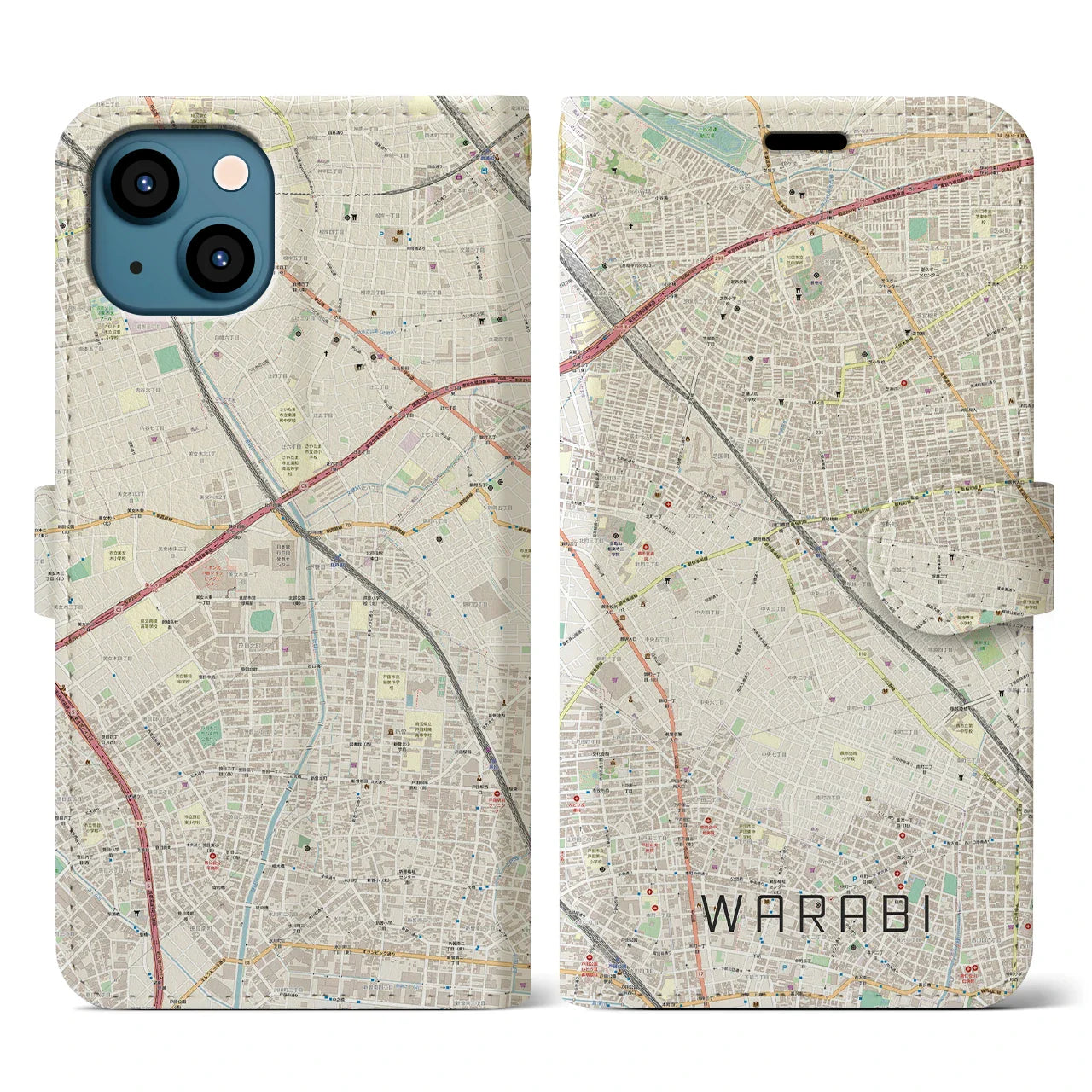 【蕨(埼玉県)】地図柄iPhoneケース(手帳タイプ)ナチュラル・iPhone 13 用