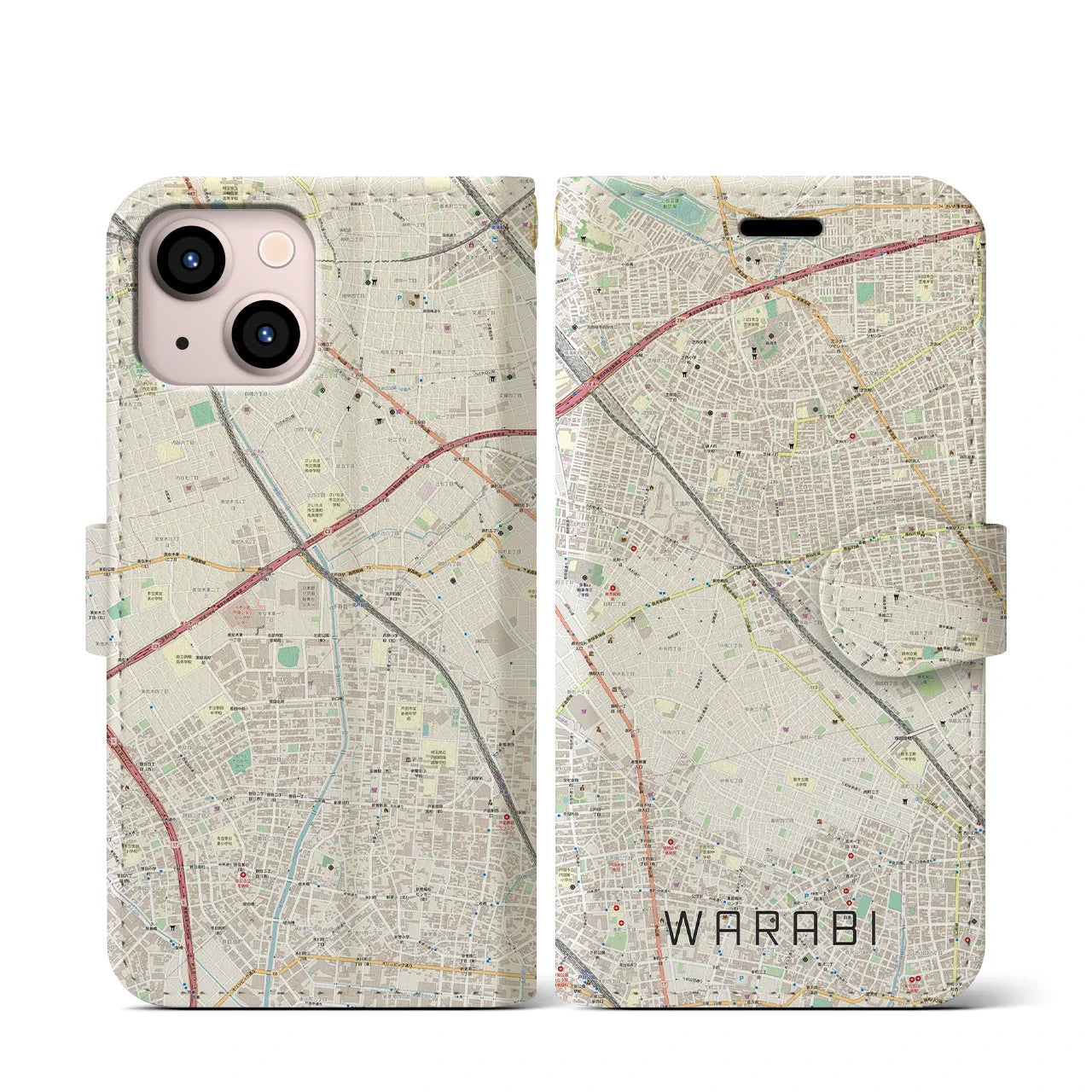 【蕨(埼玉県)】地図柄iPhoneケース(手帳タイプ)ナチュラル・iPhone 13 mini 用