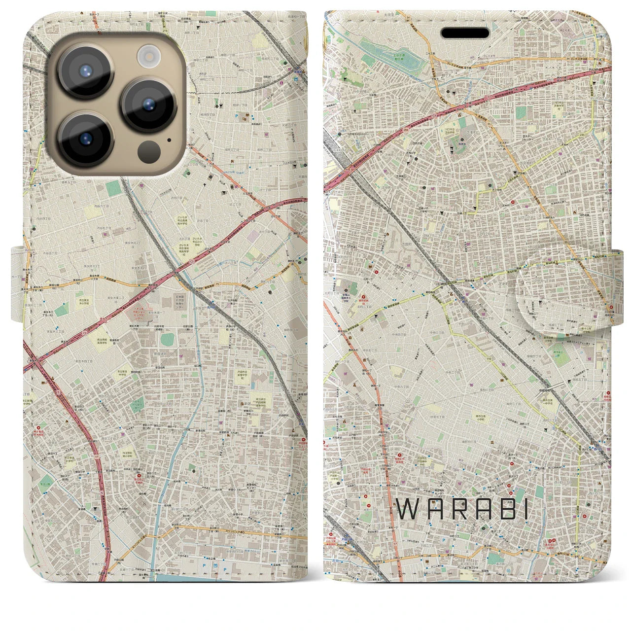 【蕨(埼玉県)】地図柄iPhoneケース(手帳タイプ)ナチュラル・iPhone 14 Pro Max 用