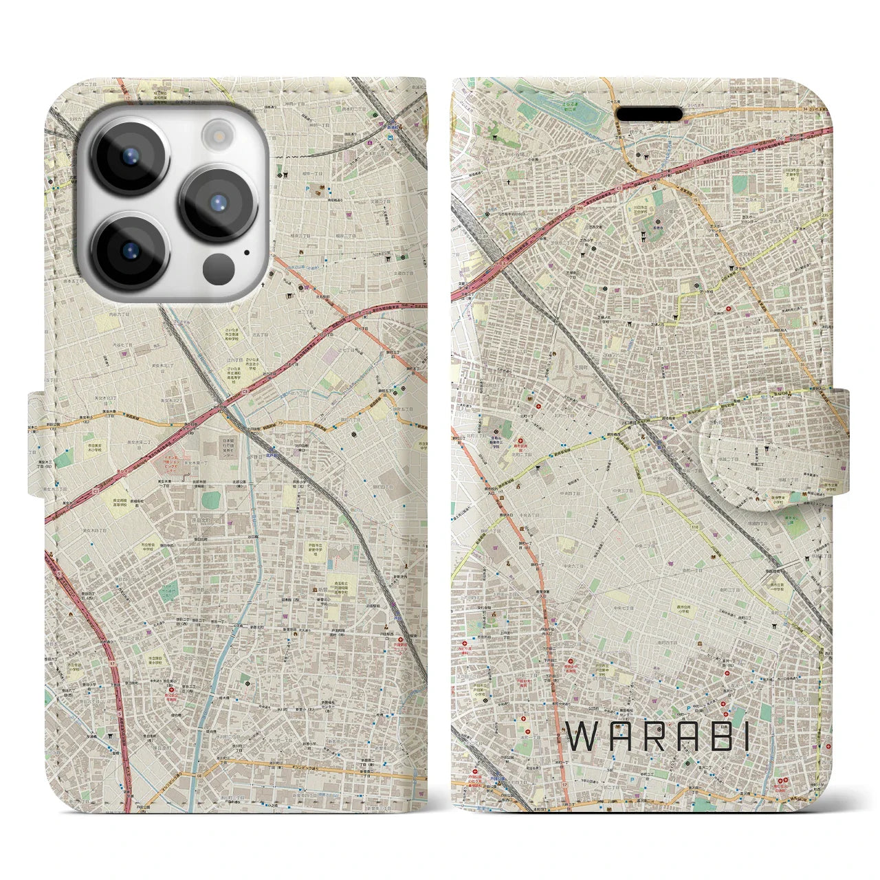 【蕨(埼玉県)】地図柄iPhoneケース(手帳タイプ)ナチュラル・iPhone 14 Pro 用
