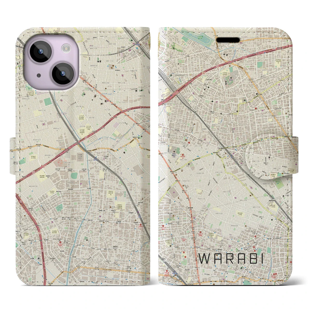 【蕨(埼玉県)】地図柄iPhoneケース(手帳タイプ)ナチュラル・iPhone 14 用