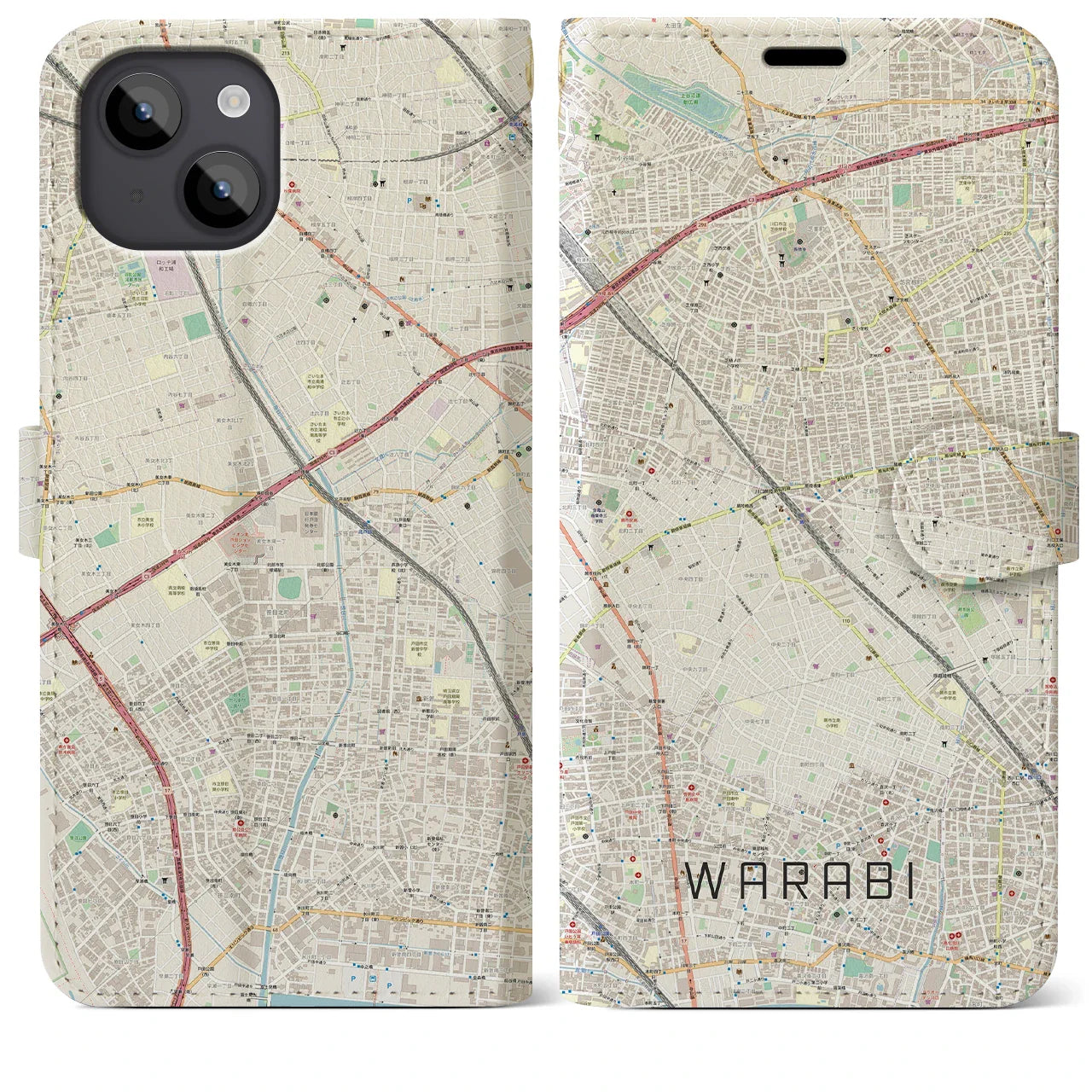 【蕨(埼玉県)】地図柄iPhoneケース(手帳タイプ)ナチュラル・iPhone 14 Plus 用