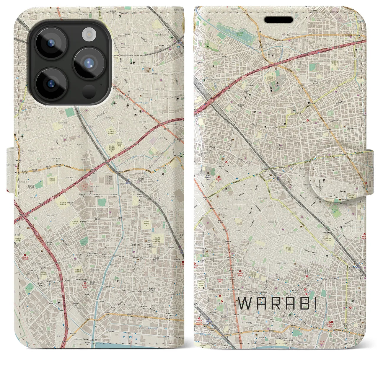 【蕨(埼玉県)】地図柄iPhoneケース(手帳タイプ)ナチュラル・iPhone 15 Pro Max 用
