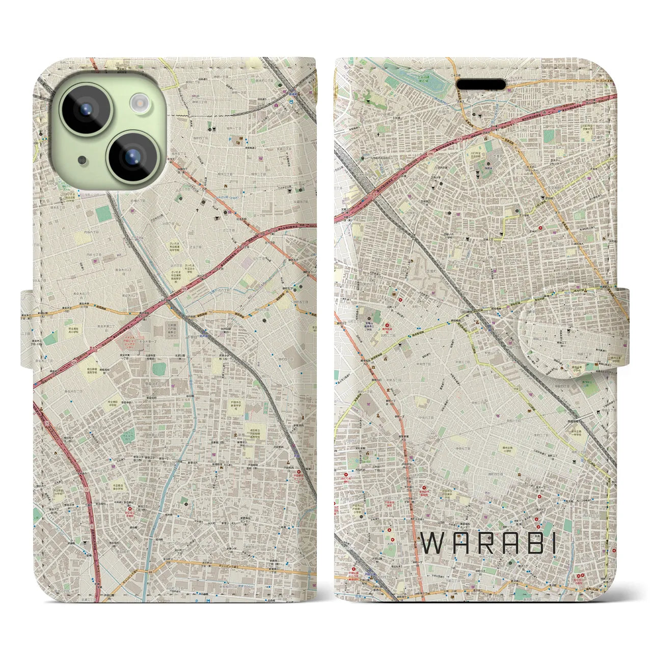 【蕨(埼玉県)】地図柄iPhoneケース(手帳タイプ)ナチュラル・iPhone 15 用