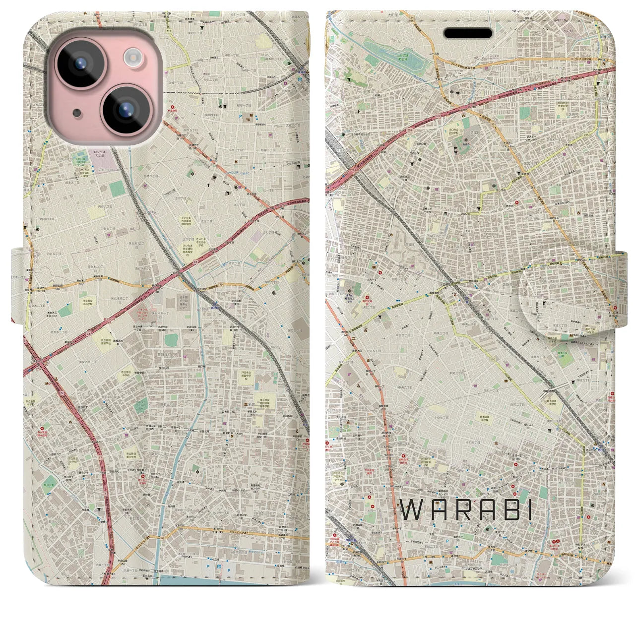 【蕨(埼玉県)】地図柄iPhoneケース(手帳タイプ)ナチュラル・iPhone 15 Plus 用