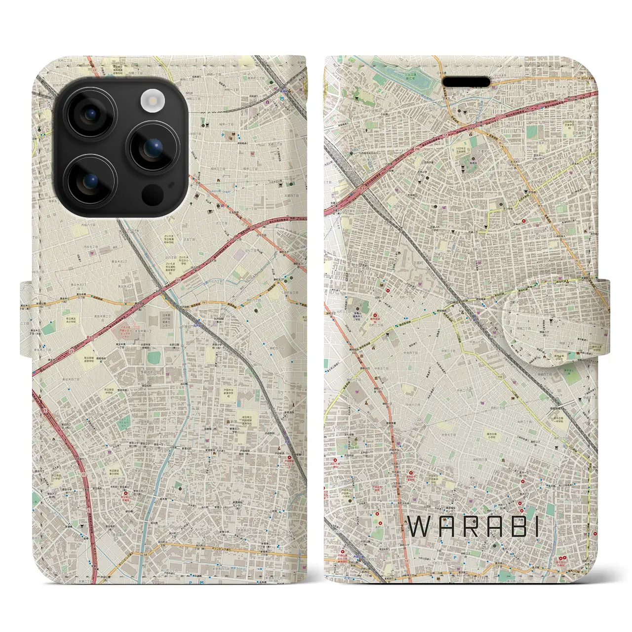 【蕨(埼玉県)】地図柄iPhoneケース(手帳タイプ)ナチュラル・iPhone 16 用