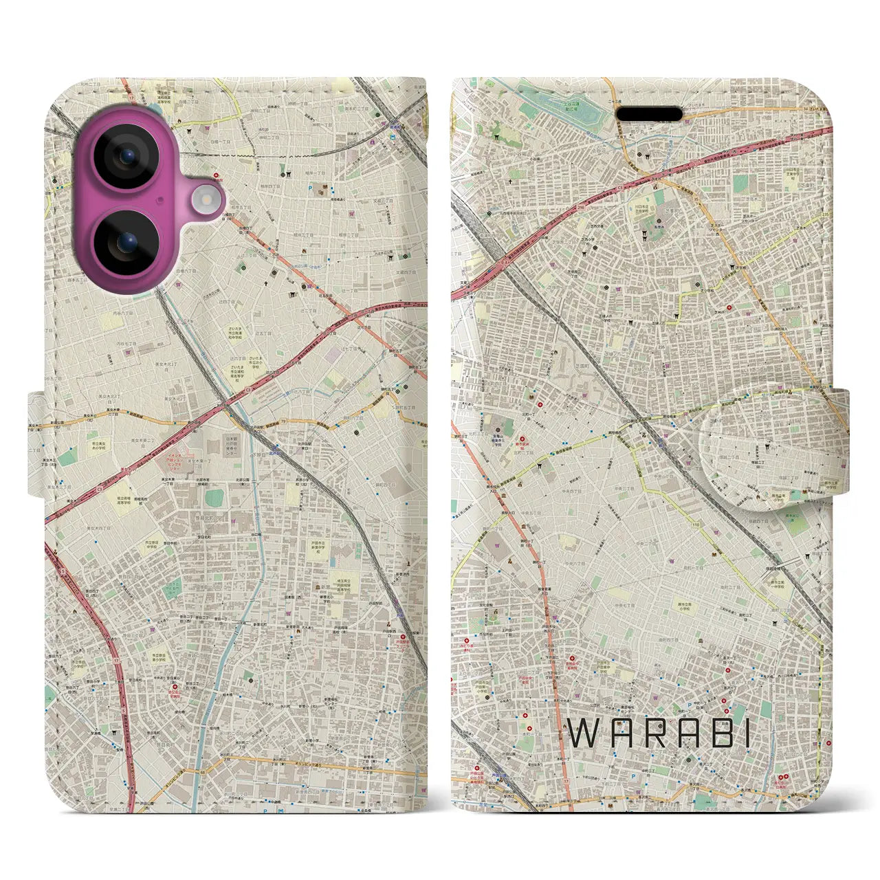 【蕨(埼玉県)】地図柄iPhoneケース(手帳タイプ)ナチュラル・iPhone 16 Pro 用
