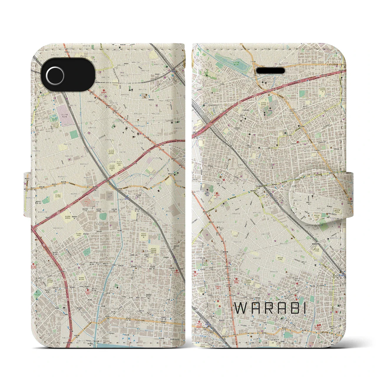 【蕨(埼玉県)】地図柄iPhoneケース(手帳タイプ)ナチュラル・iPhone SE(第3 / 第2世代) / 8 / 7 / 6s / 6 用