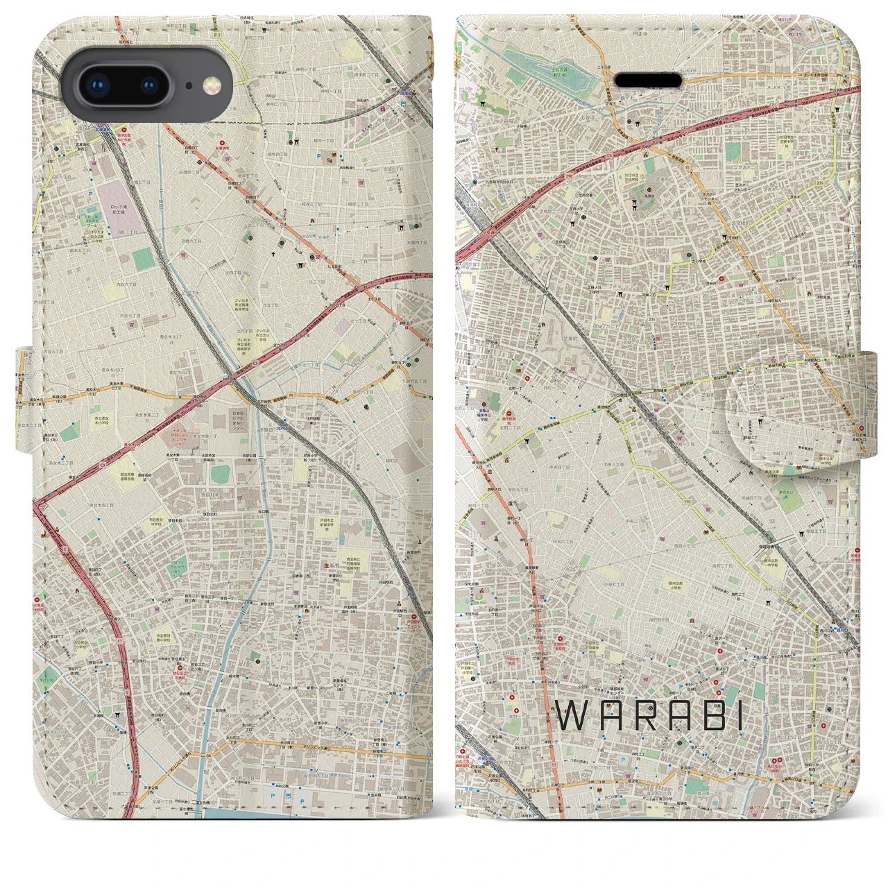 【蕨(埼玉県)】地図柄iPhoneケース(手帳タイプ)ナチュラル・iPhone 8Plus /7Plus / 6sPlus / 6Plus 用