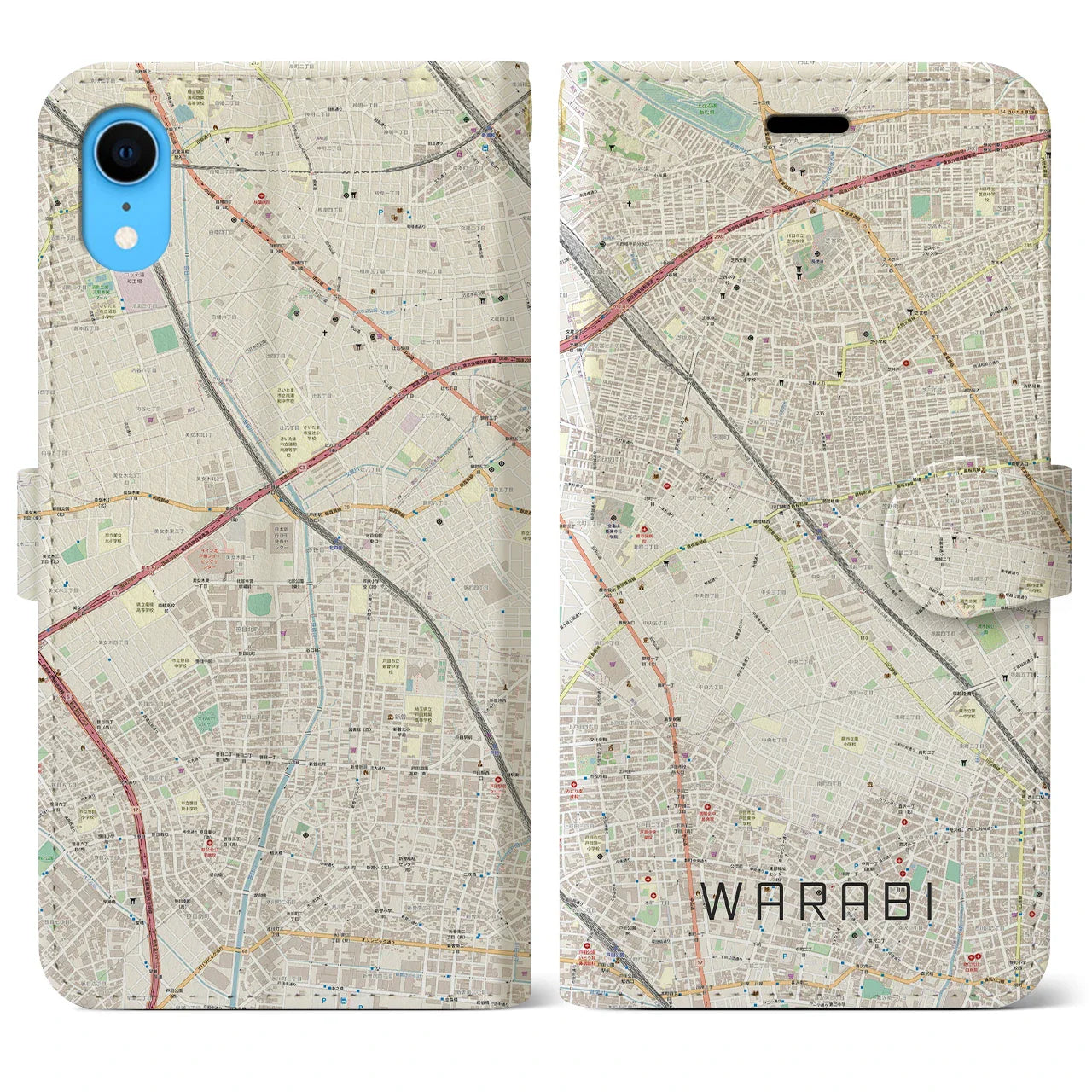 【蕨(埼玉県)】地図柄iPhoneケース(手帳タイプ)ナチュラル・iPhone XR 用