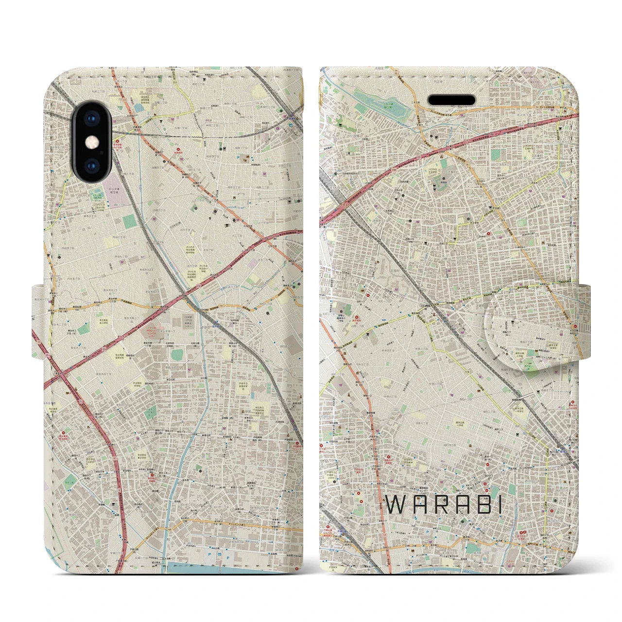 【蕨(埼玉県)】地図柄iPhoneケース(手帳タイプ)ナチュラル・iPhone XS / X 用