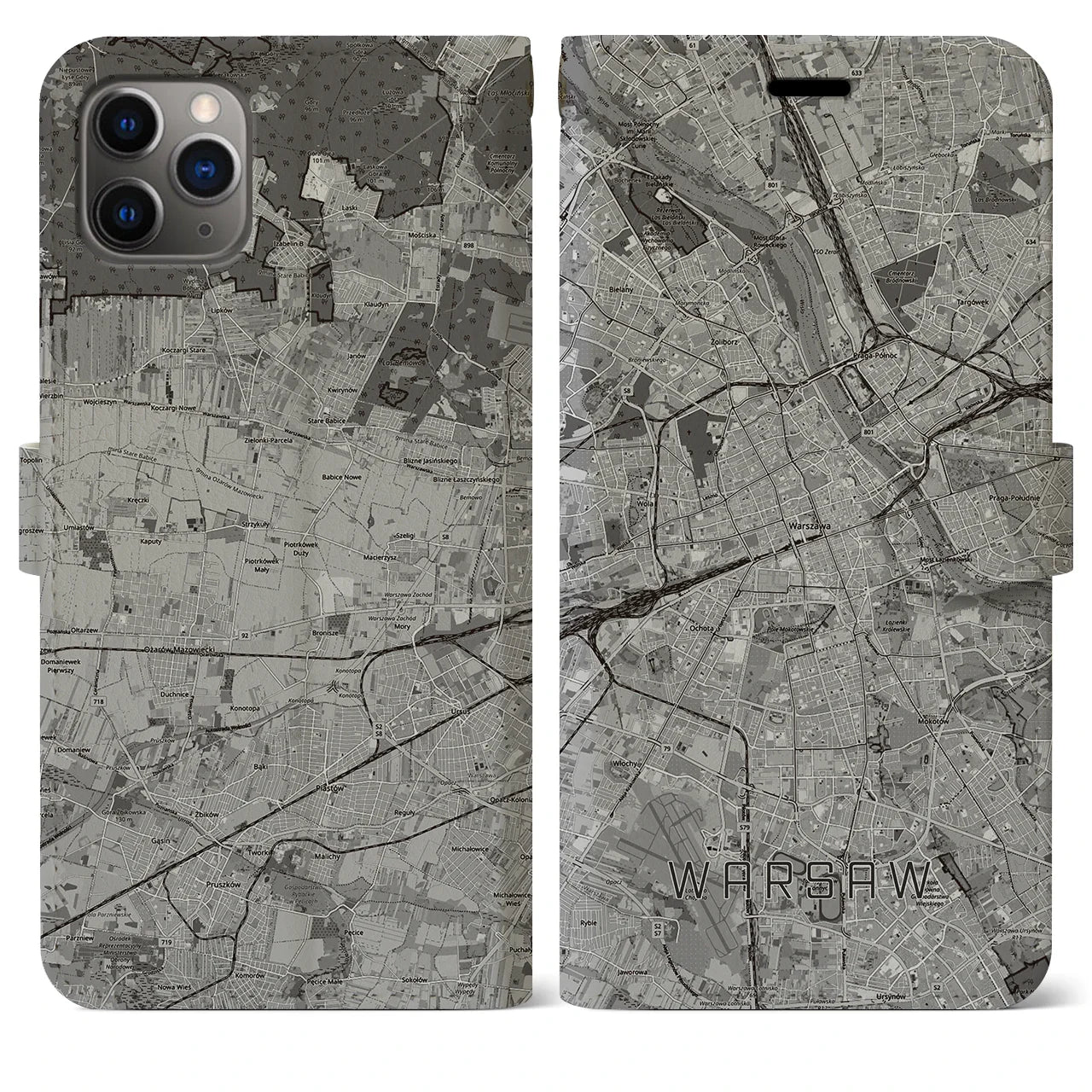 【ワルシャワ(ポーランド)】地図柄iPhoneケース(手帳タイプ)モノトーン・iPhone 11 Pro Max 用