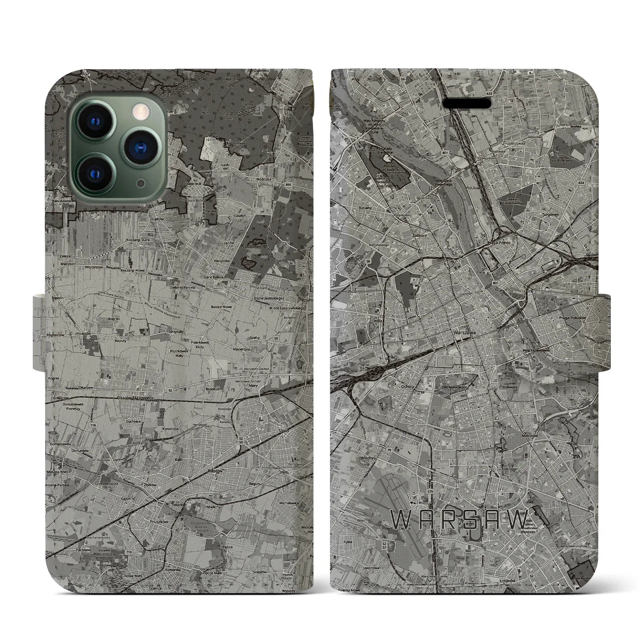 【ワルシャワ(ポーランド)】地図柄iPhoneケース(手帳タイプ)モノトーン・iPhone 11 Pro 用