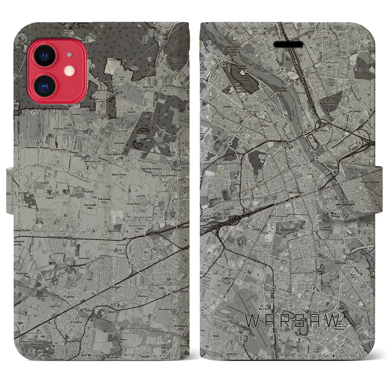 【ワルシャワ(ポーランド)】地図柄iPhoneケース(手帳タイプ)モノトーン・iPhone 11 用