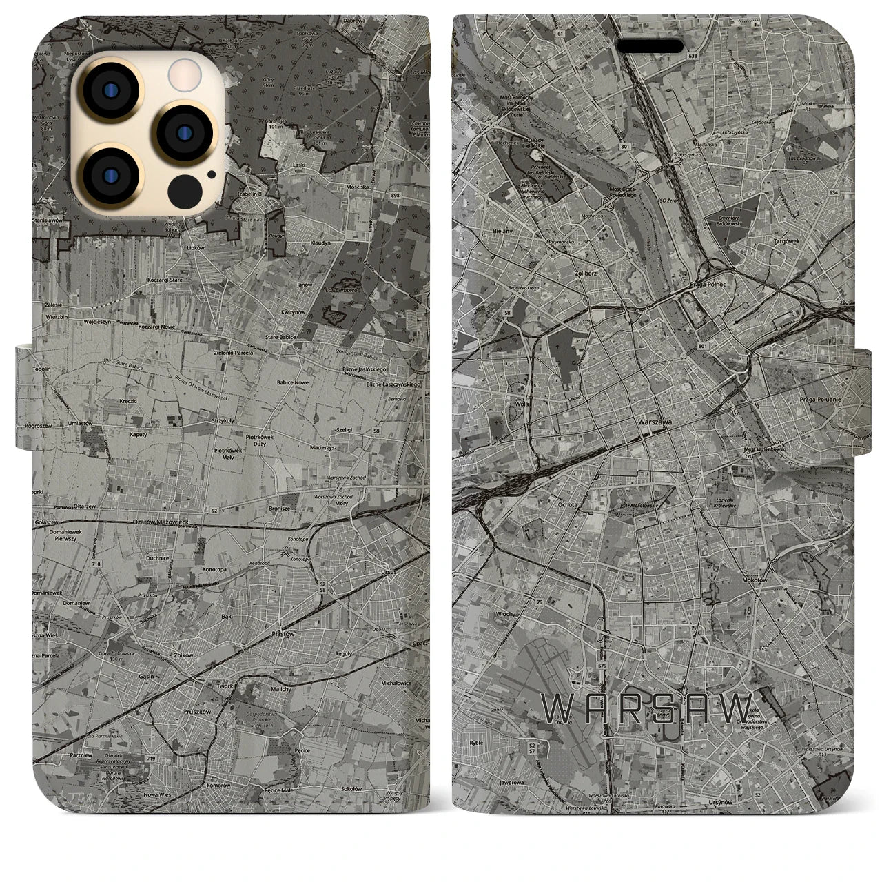 【ワルシャワ(ポーランド)】地図柄iPhoneケース(手帳タイプ)モノトーン・iPhone 12 Pro Max 用