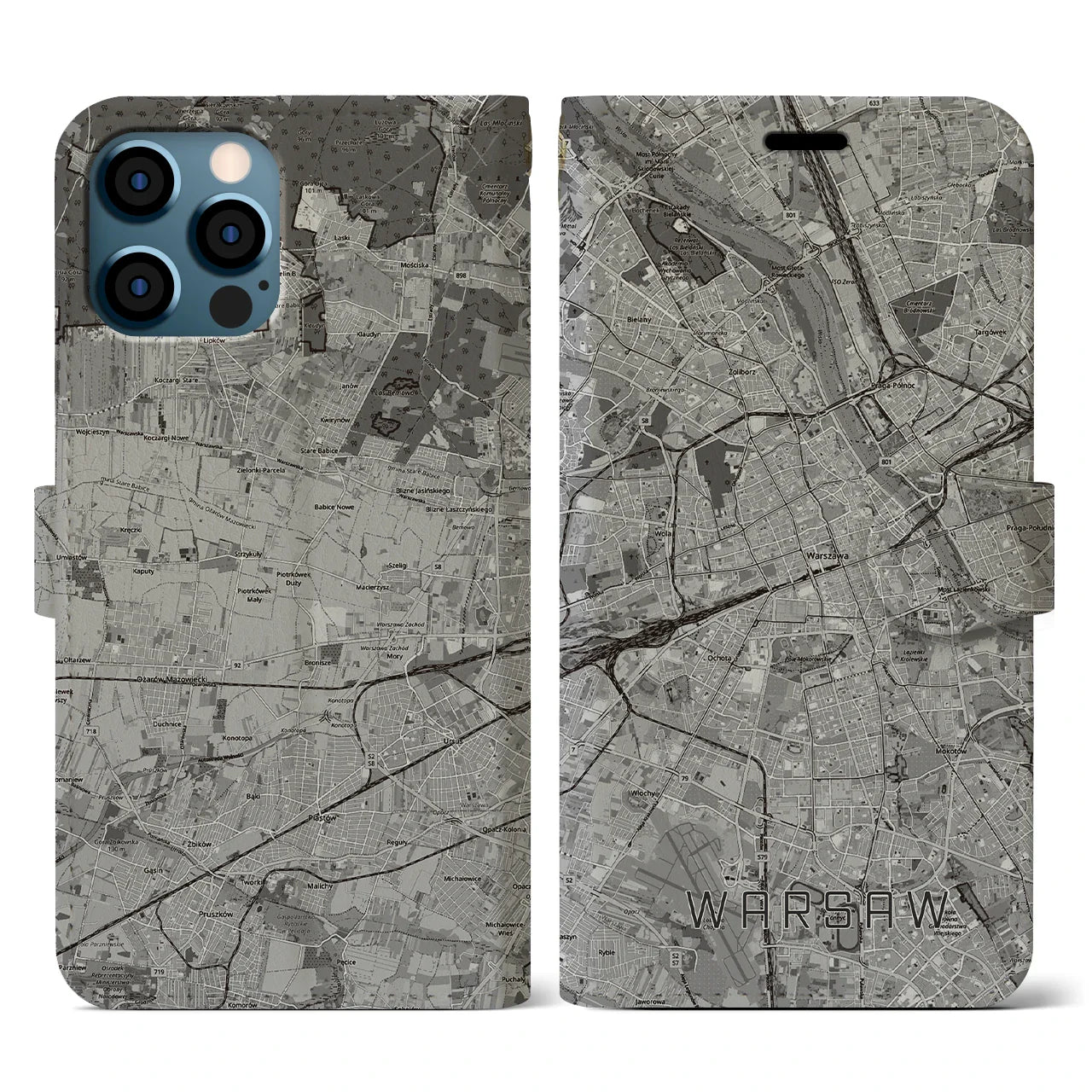 【ワルシャワ(ポーランド)】地図柄iPhoneケース(手帳タイプ)モノトーン・iPhone 12 / 12 Pro 用