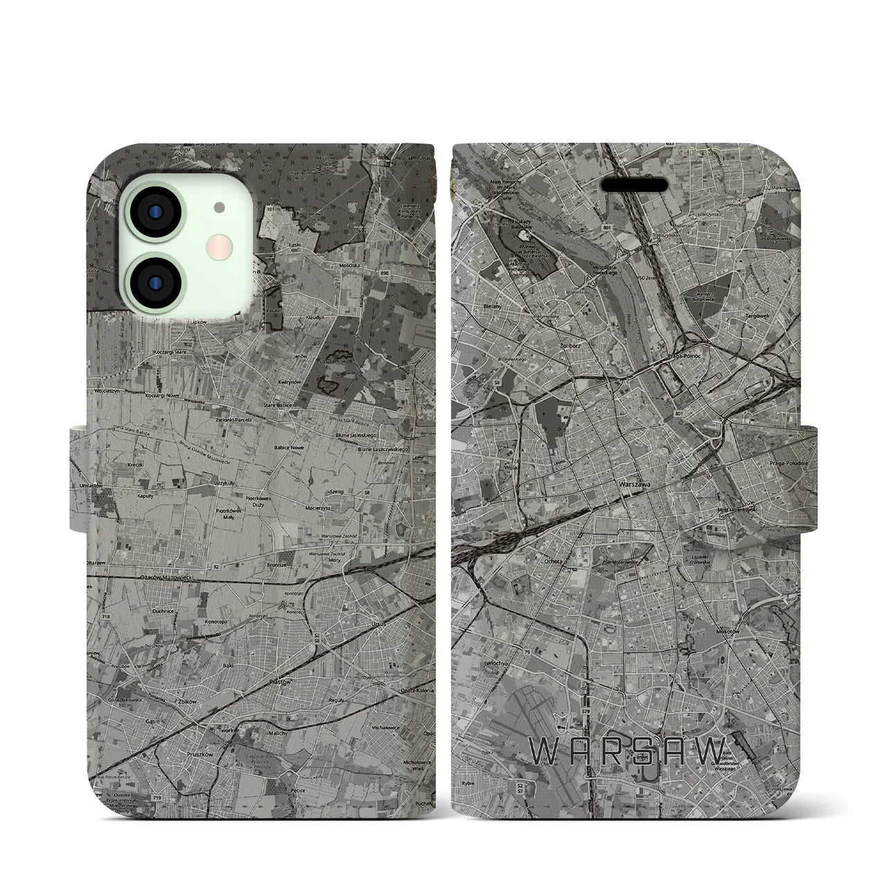 【ワルシャワ(ポーランド)】地図柄iPhoneケース(手帳タイプ)モノトーン・iPhone 12 mini 用