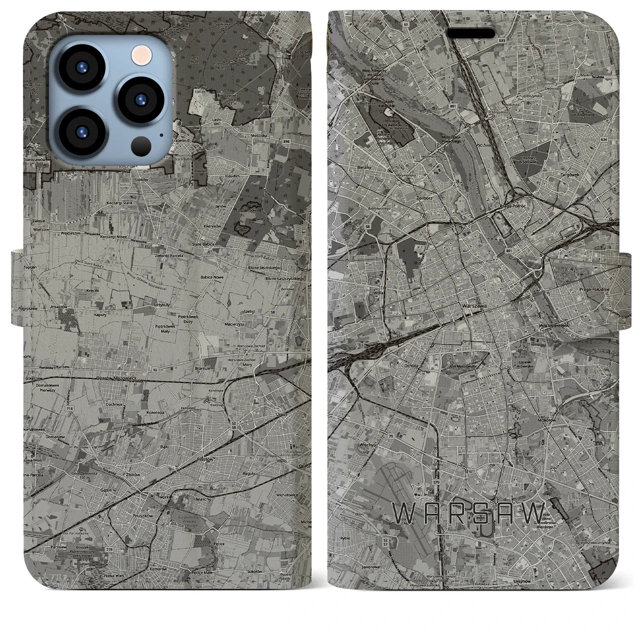 【ワルシャワ(ポーランド)】地図柄iPhoneケース(手帳タイプ)モノトーン・iPhone 13 Pro Max 用