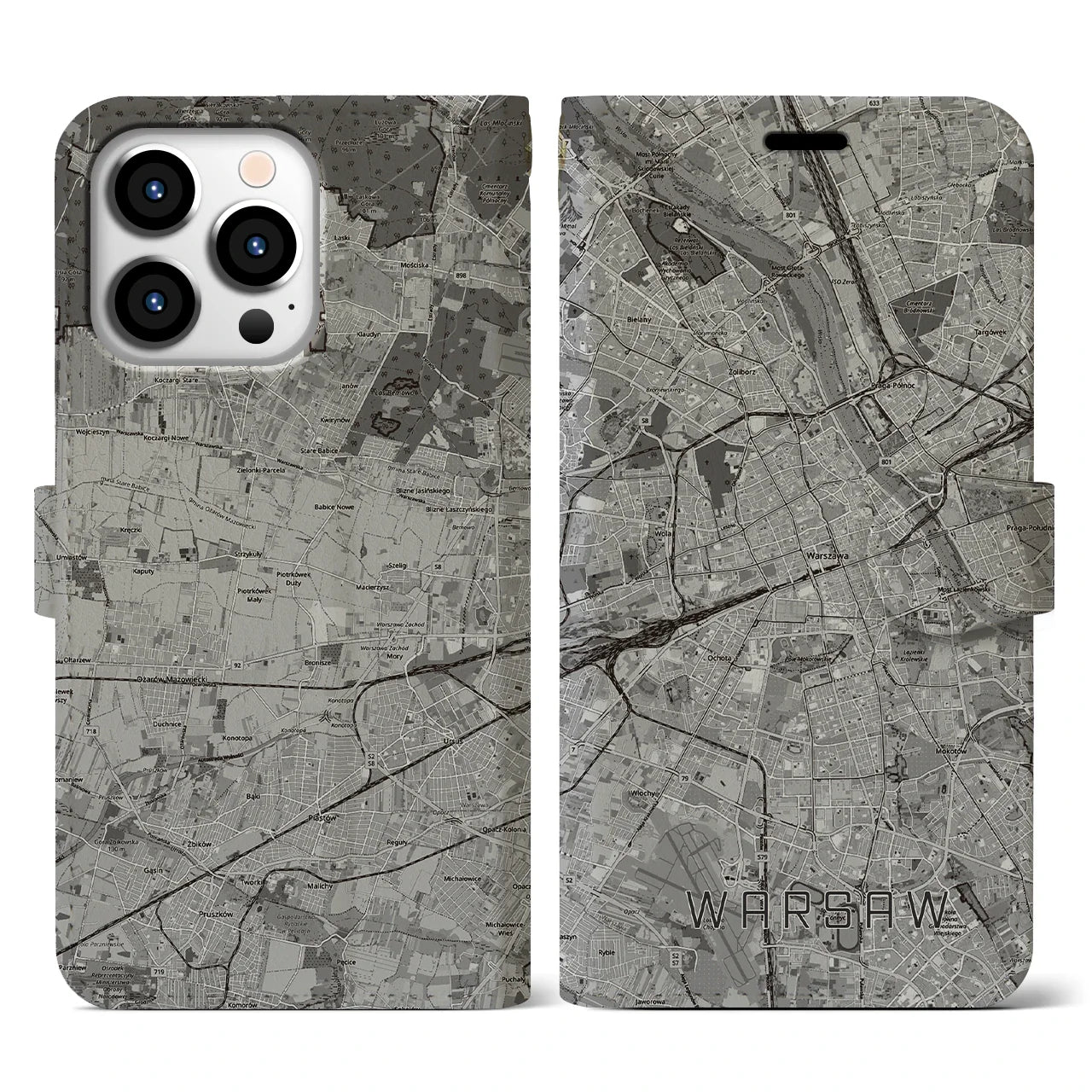 【ワルシャワ(ポーランド)】地図柄iPhoneケース(手帳タイプ)モノトーン・iPhone 13 Pro 用