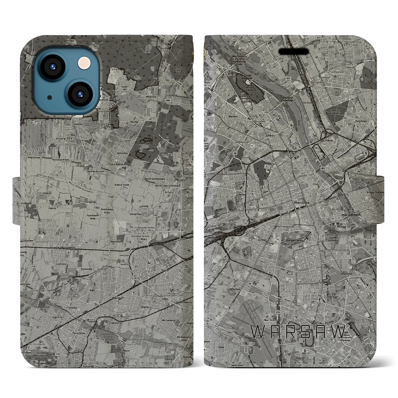 【ワルシャワ(ポーランド)】地図柄iPhoneケース(手帳タイプ)モノトーン・iPhone 13 用
