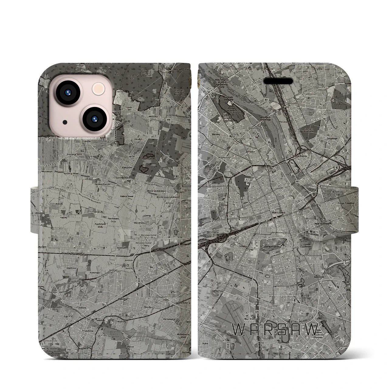 【ワルシャワ(ポーランド)】地図柄iPhoneケース(手帳タイプ)モノトーン・iPhone 13 mini 用