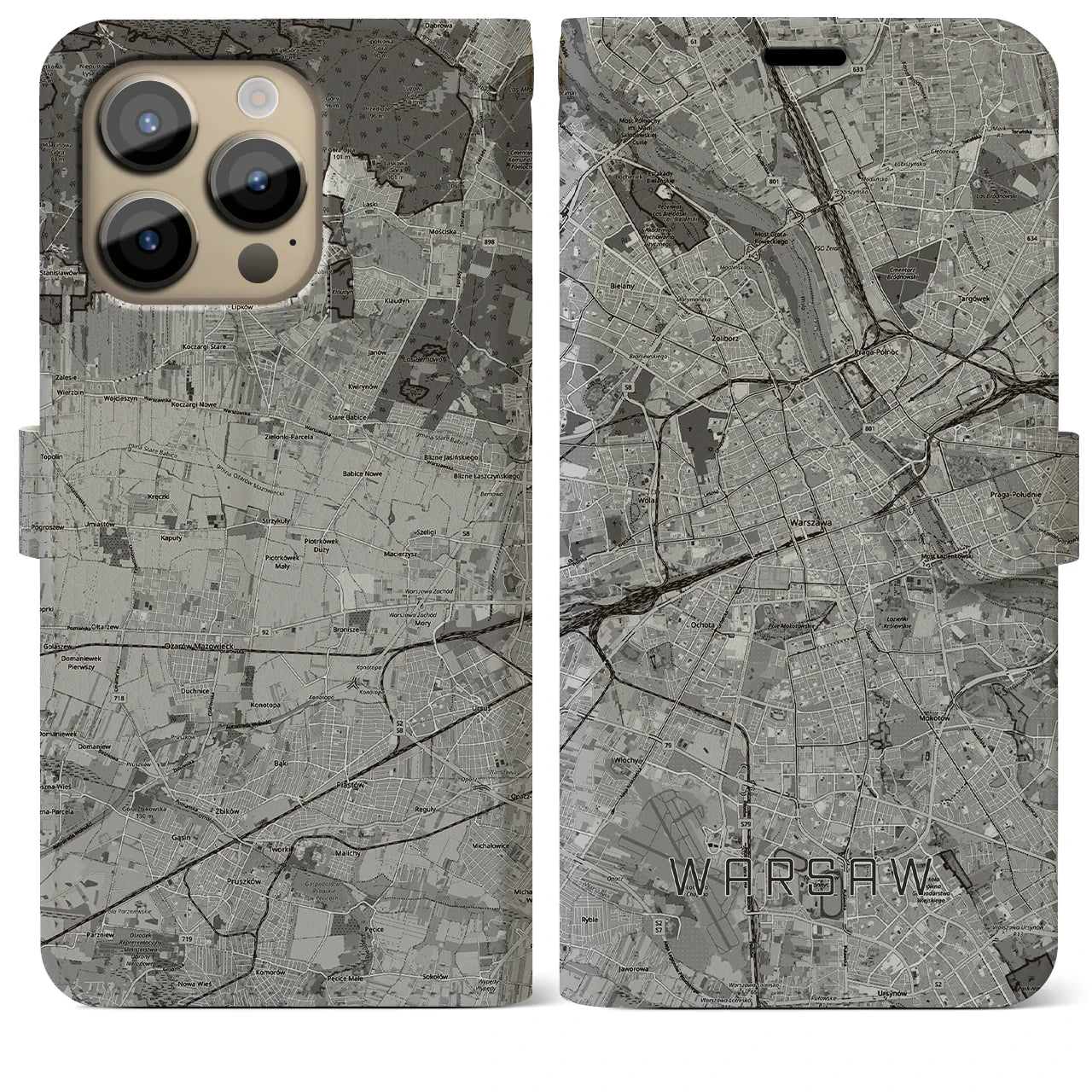 【ワルシャワ(ポーランド)】地図柄iPhoneケース(手帳タイプ)モノトーン・iPhone 14 Pro Max 用