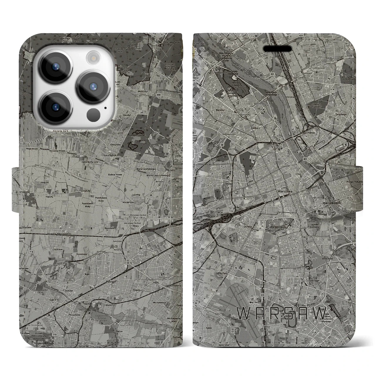 【ワルシャワ(ポーランド)】地図柄iPhoneケース(手帳タイプ)モノトーン・iPhone 14 Pro 用
