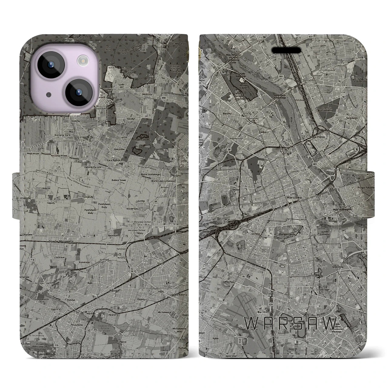 【ワルシャワ(ポーランド)】地図柄iPhoneケース(手帳タイプ)モノトーン・iPhone 14 用