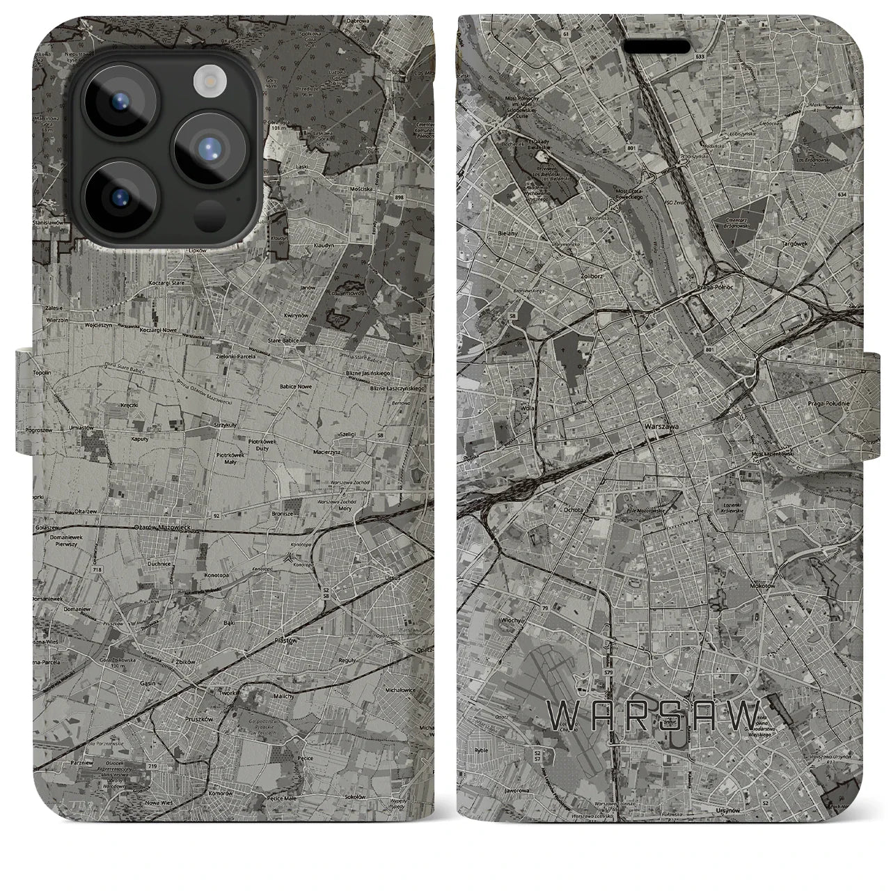【ワルシャワ(ポーランド)】地図柄iPhoneケース(手帳タイプ)モノトーン・iPhone 15 Pro Max 用