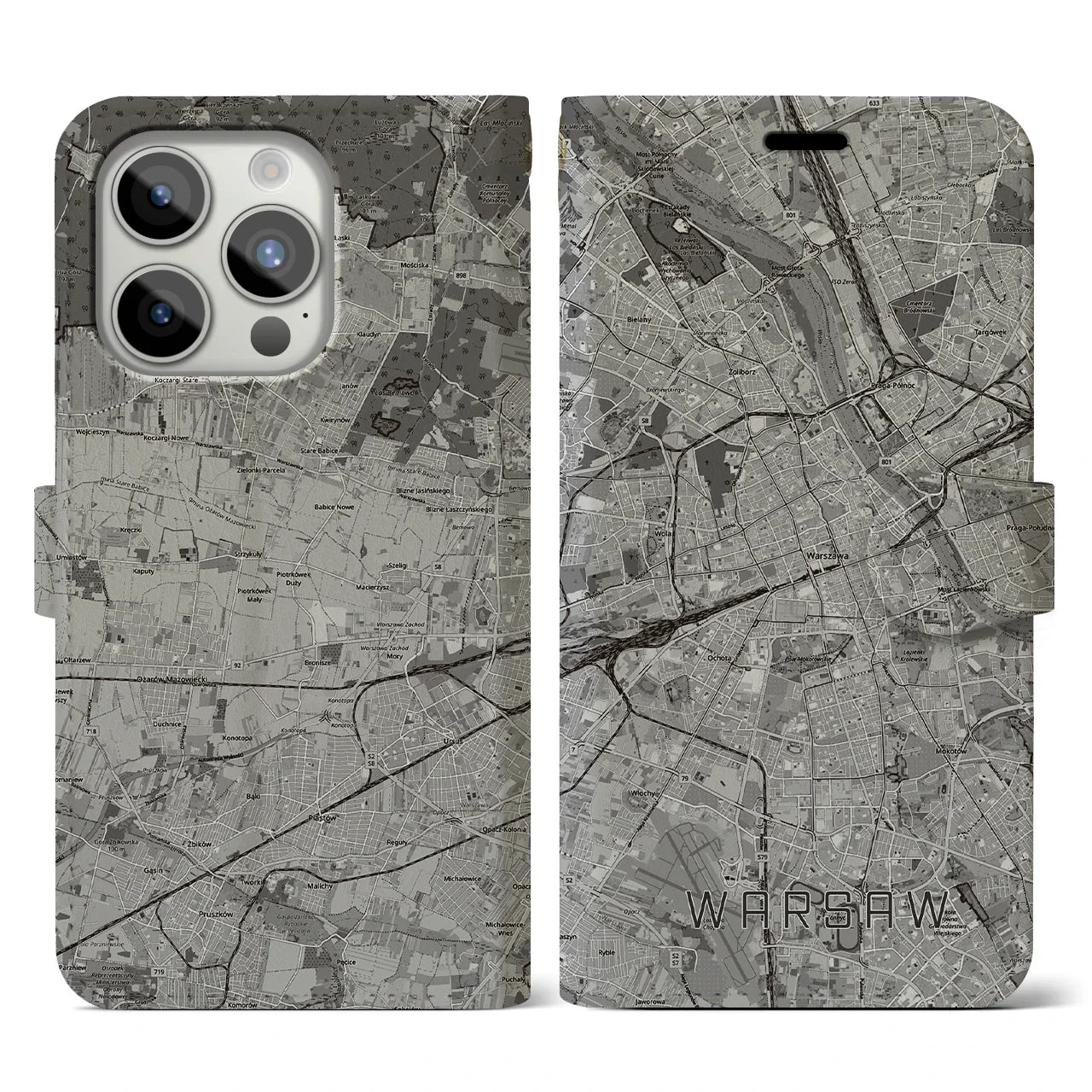 【ワルシャワ(ポーランド)】地図柄iPhoneケース(手帳タイプ)モノトーン・iPhone 15 Pro 用