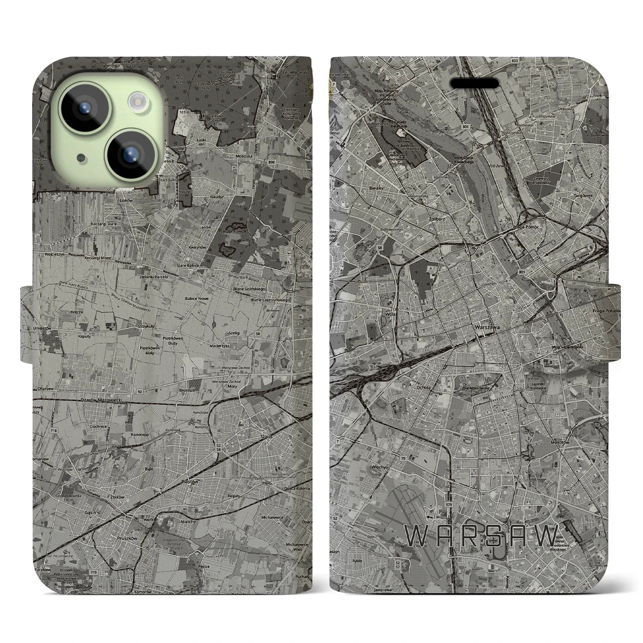 【ワルシャワ(ポーランド)】地図柄iPhoneケース(手帳タイプ)モノトーン・iPhone 15 用