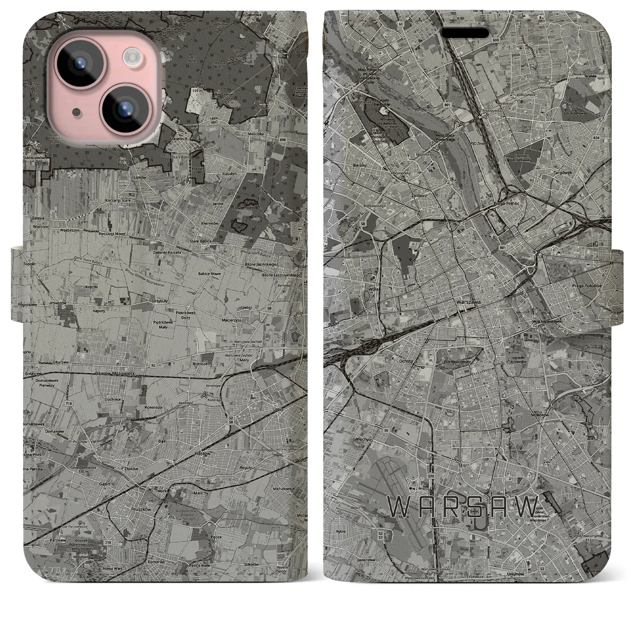 【ワルシャワ(ポーランド)】地図柄iPhoneケース(手帳タイプ)モノトーン・iPhone 15 Plus 用