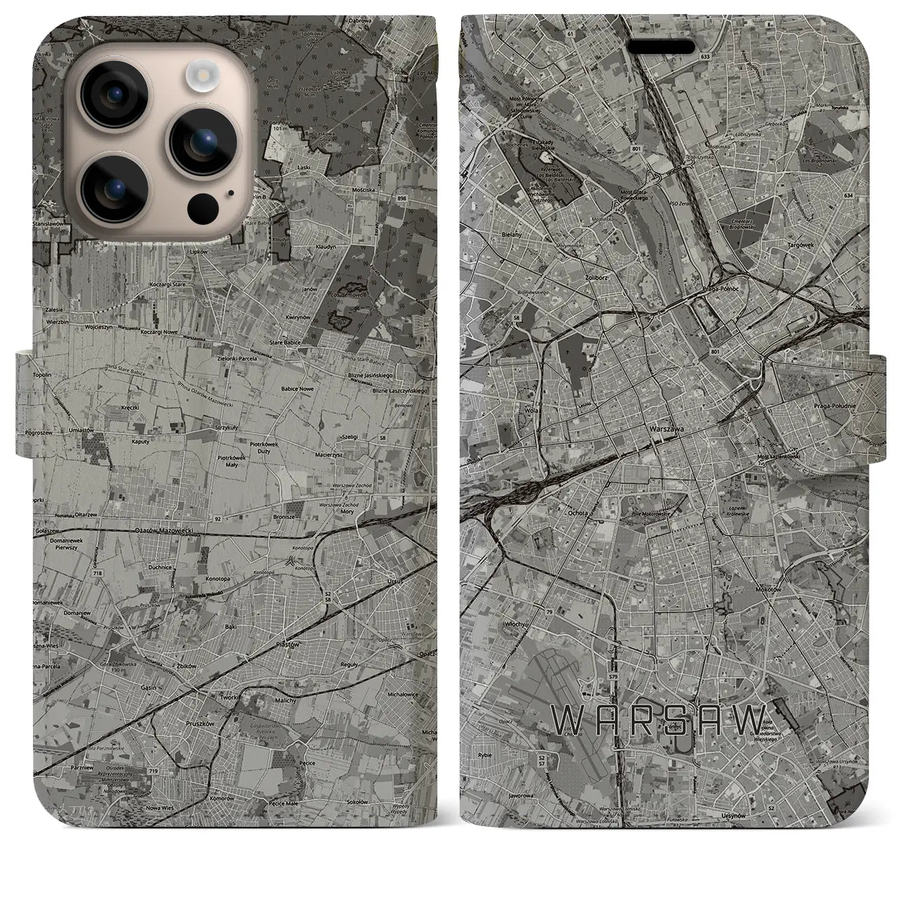 【ワルシャワ(ポーランド)】地図柄iPhoneケース(手帳タイプ)モノトーン・iPhone 16 Plus 用
