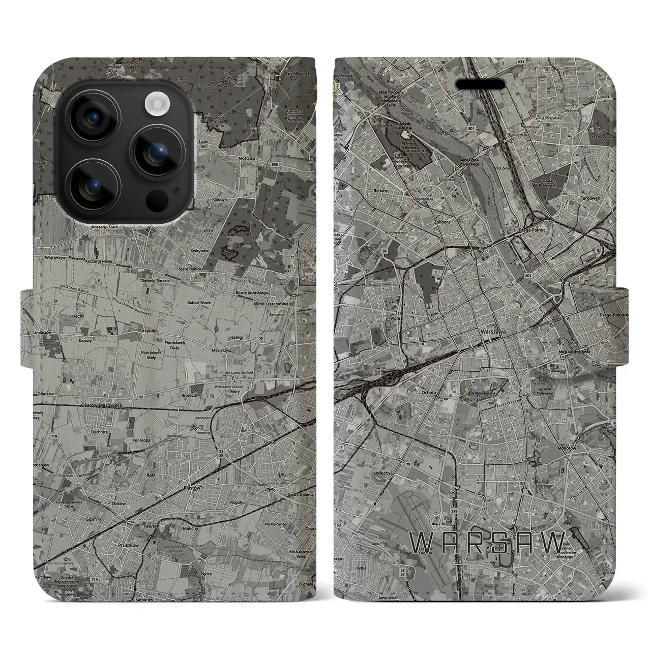【ワルシャワ(ポーランド)】地図柄iPhoneケース(手帳タイプ)モノトーン・iPhone 16 用