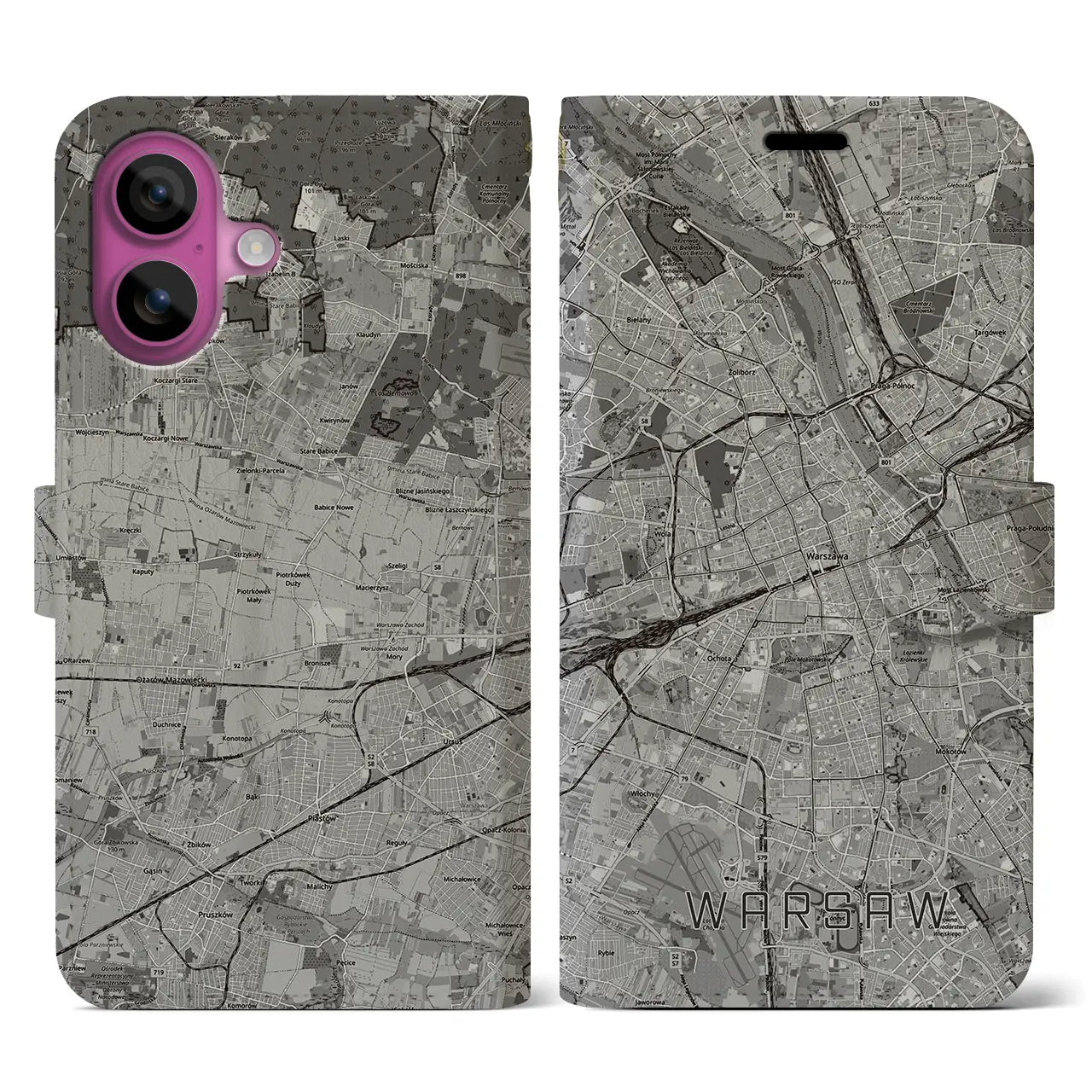 【ワルシャワ(ポーランド)】地図柄iPhoneケース(手帳タイプ)モノトーン・iPhone 16 Pro 用