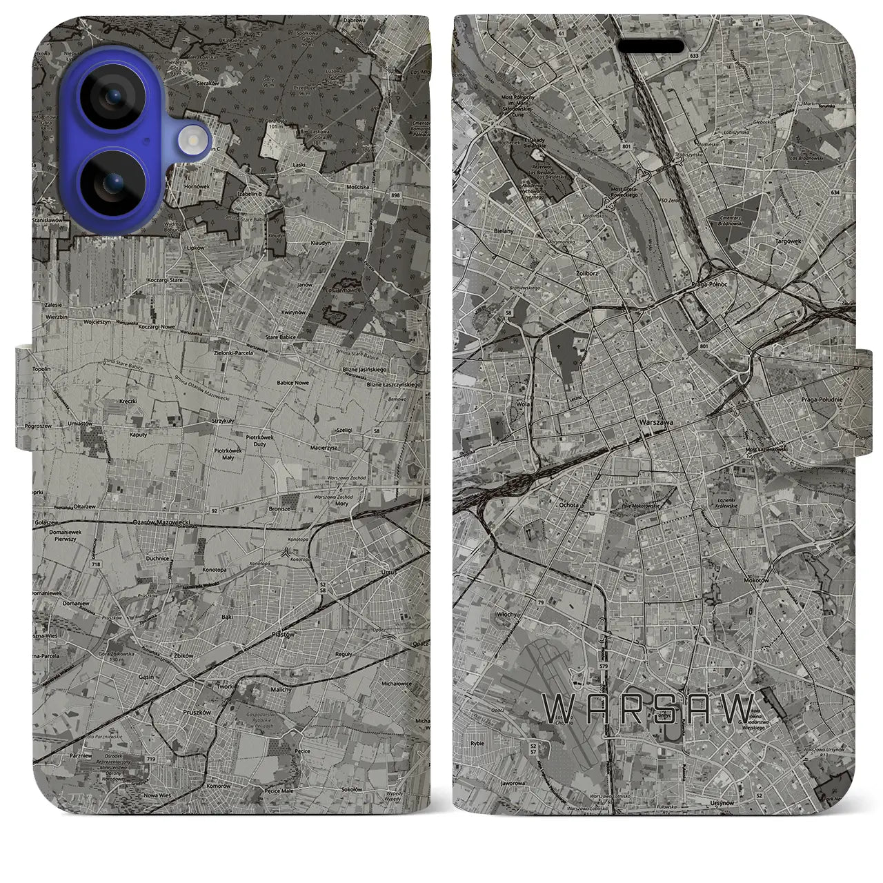 【ワルシャワ(ポーランド)】地図柄iPhoneケース(手帳タイプ)モノトーン・iPhone 16 Pro Max 用