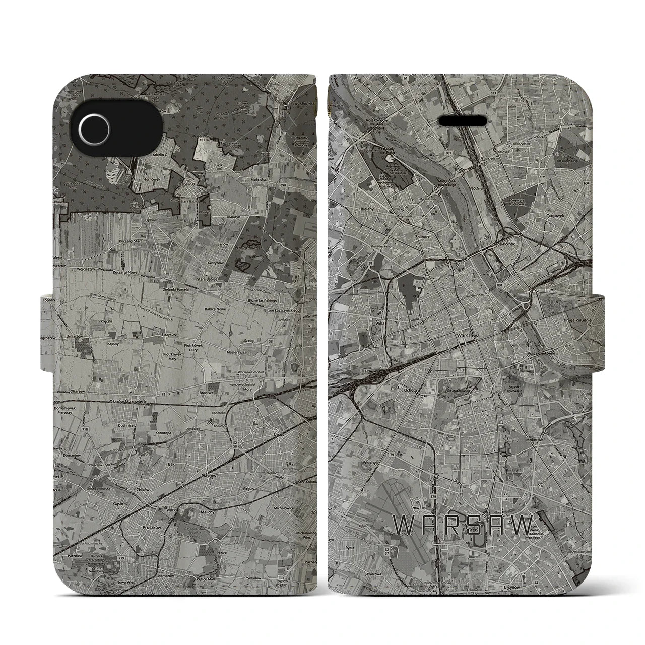 【ワルシャワ(ポーランド)】地図柄iPhoneケース(手帳タイプ)モノトーン・iPhone SE(第3 / 第2世代) / 8 / 7 / 6s / 6 用