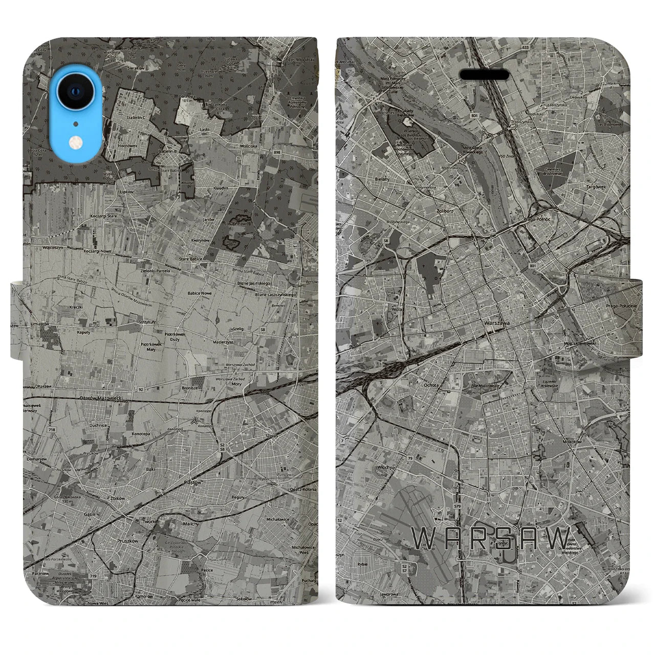 【ワルシャワ(ポーランド)】地図柄iPhoneケース(手帳タイプ)モノトーン・iPhone XR 用