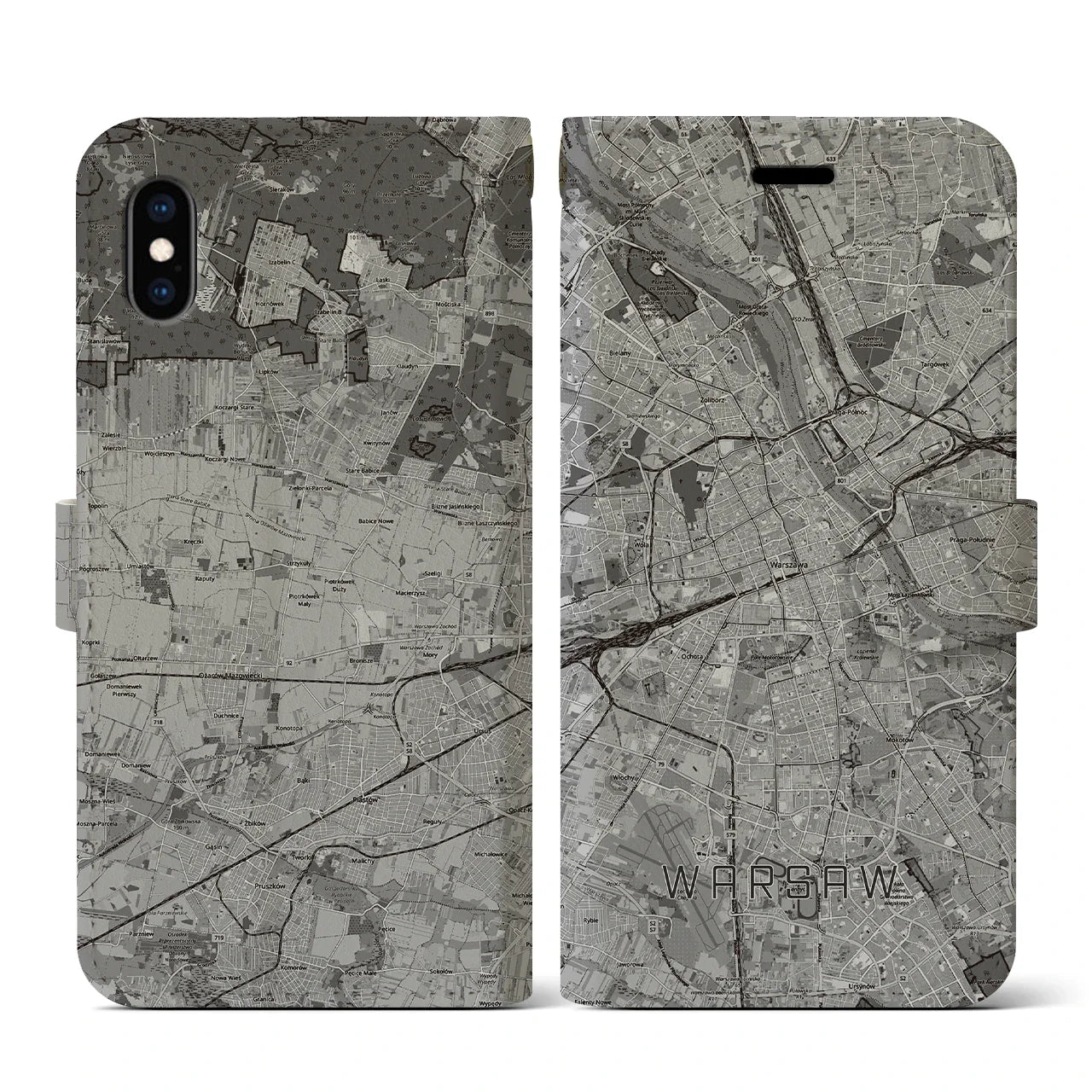 【ワルシャワ(ポーランド)】地図柄iPhoneケース(手帳タイプ)モノトーン・iPhone XS / X 用