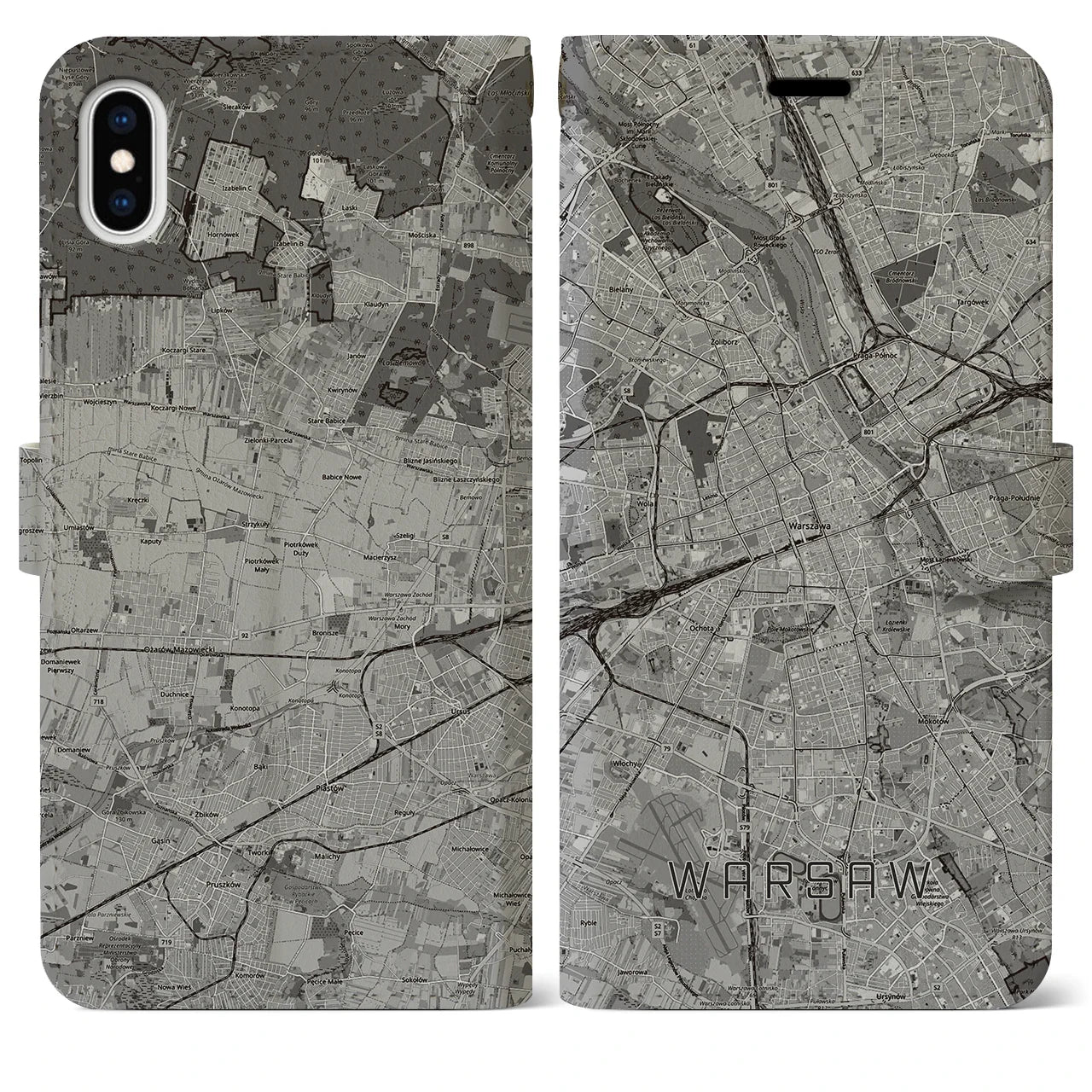 【ワルシャワ(ポーランド)】地図柄iPhoneケース(手帳タイプ)モノトーン・iPhone XS Max 用