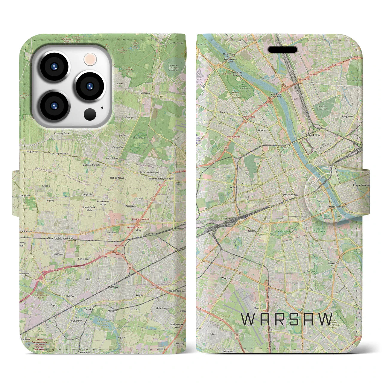 【ワルシャワ(ポーランド)】地図柄iPhoneケース(手帳タイプ)ナチュラル・iPhone 13 Pro 用